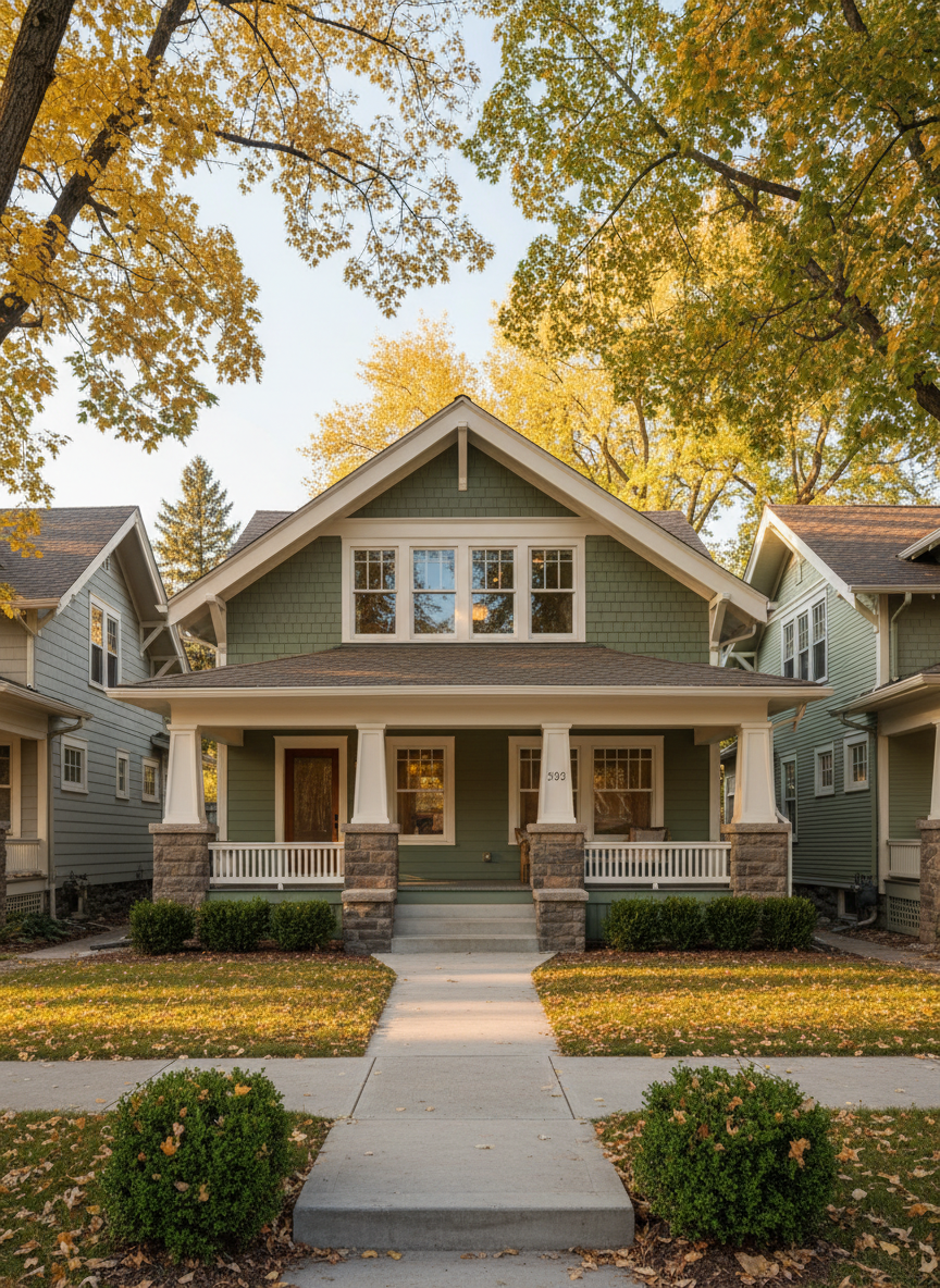 A welcoming Spokane Craftsman-style home exterior, featuring freshly painted sage-green siding, crisp white trim, and a deep front porch with sturdy square columns and stone bases. The home sits on a tidy, tree-lined residential street with mature maple trees turning golden, and low, neatly manicured shrubs framing a clean concrete path. Late afternoon golden-hour sunlight bathes the scene, creating warm highlights on the siding and soft shadows under the eaves. Photographic realism from a slightly elevated, wide-angle perspective, ensuring the entire façade and a sliver of neighboring homes are visible. The mood is inviting, stable, and reassuring, reflecting a trusted local Realtor’s perspective on Spokane neighborhoods, with sharp detail throughout and a clean, modern aesthetic.