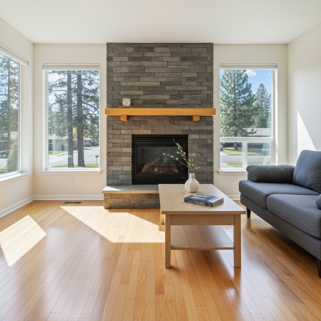 A bright, meticulously staged Spokane living room interior, featuring a stone gas fireplace with a smooth wood mantel, a low-profile charcoal-gray sofa with textured cushions, and a pale oak coffee table holding a simple ceramic vase and a stack of real estate market reports. Large windows reveal a softly blurred view of pine trees and a quiet residential street beyond. Natural midday light floods the room, creating clean, crisp highlights on the hardwood floors and gentle, natural shadows under the furniture. Photographic realism, shot at eye level with a slightly wide angle to show the entire space, balanced under the rule of thirds. The atmosphere is calm, organized, and move-in ready, evoking the confidence of a seasoned Spokane Realtor focused on quality homes.