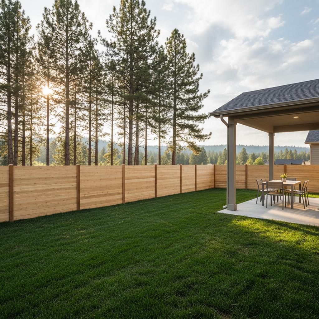A sunlit backyard of a Spokane home, featuring a freshly mowed emerald lawn, a simple cedar privacy fence, and a small covered patio with a clean concrete slab and a minimalist outdoor dining table. In the background, tall ponderosa pines and soft, rolling hills hint at the Inland Northwest landscape. Late afternoon sunlight filters through the trees, casting dappled patterns across the grass and fence. Photographic realism, shot from a low to mid-level angle looking out toward the trees, with sharp focus throughout. The mood is peaceful and aspirational, emphasizing quality of life, outdoor space, and the lifestyle benefits that an experienced local Realtor can help buyers discover in Spokane.