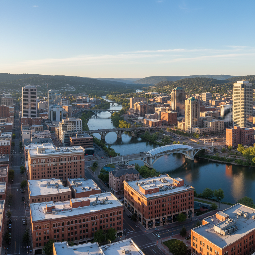 An expansive panoramic view of downtown Spokane captured from an elevated vantage point, showcasing the Spokane River weaving through the city, iconic bridges, and a mix of historic brick buildings and newer glass-fronted structures. In the distance, low rolling hills frame the skyline under a clear, soft blue sky. Early morning light creates a cool, crisp clarity, with long subtle shadows emphasizing architectural detail. Photographic realism with a wide-angle lens, sharp focus from foreground to background, and a balanced composition using the river as a leading line. The mood is optimistic and forward-looking, conveying a sense of opportunity and stability, ideal for a professional real estate site emphasizing relocation to Spokane and regional expertise.