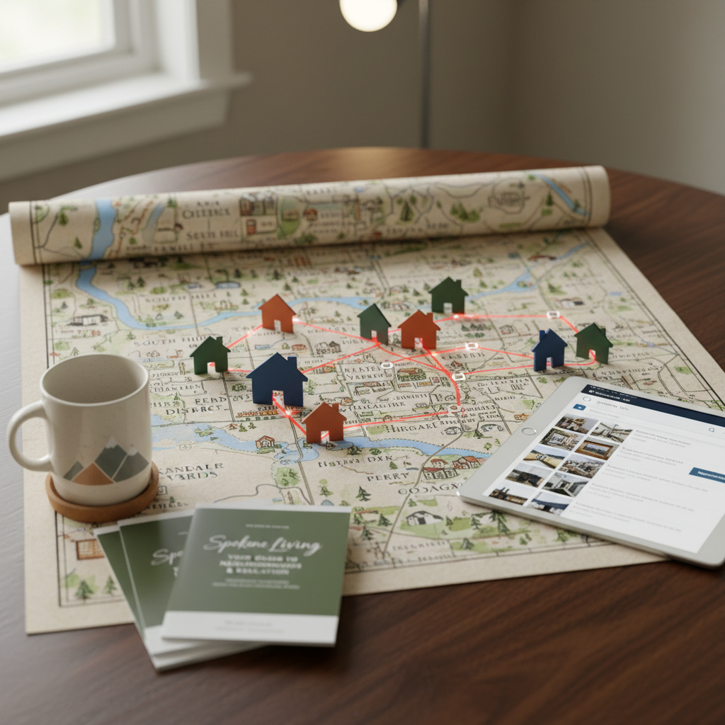 A detailed close-up of a Spokane neighborhood map spread across a dark walnut table, with colored metal house-shaped markers pinpointing several highlighted areas, and a sleek tablet displaying a real estate search interface beside it. A ceramic mug with a subtle mountain motif sits near the corner of the map, next to a tidy stack of printed relocation guides labeled “Spokane Living.” Soft, diffused overhead lighting and faint natural window light combine to create an even, professional illumination with minimal harsh shadows. Photographic realism, captured from a slightly elevated angle with shallow depth of field, keeping the central map and markers crisp while edges gently blur. The mood is strategic yet welcoming, emphasizing careful planning and deep local knowledge of Spokane’s diverse neighborhoods.