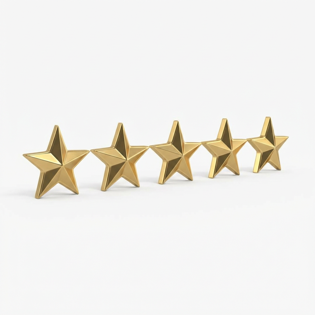 Five glossy gold 3D stars lined up on a plain white background.
